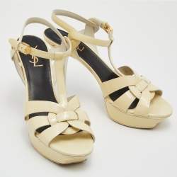 Pre Owned صندل إيف سان لوران تربيوت جلد بيج لامع مقاس 40