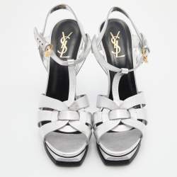 Pre Owned Yves Saint Laurent Silver Leather Tribute Sandals Size 39