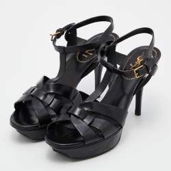 Pre Owned Yves Saint Laurent Black Leather Tribute Sandals Size 39.5