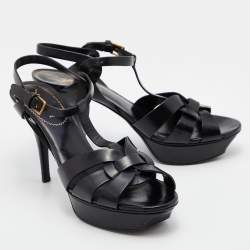 Pre Owned Yves Saint Laurent Black Leather Tribute Sandals Size 39.5