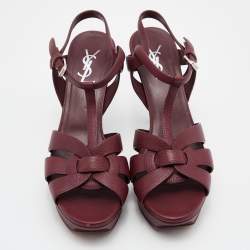 Pre Owned Yves Saint Laurent Burgundy Leather Tribute Sandals Size 40