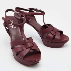 Pre Owned Yves Saint Laurent Burgundy Leather Tribute Sandals Size 40