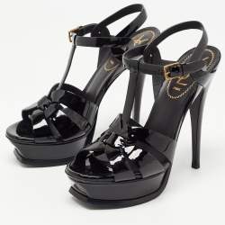 Pre Owned Yves Saint Laurent Black Patent Leather Tribute Sandals Size 37
