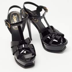 Pre Owned Yves Saint Laurent Black Patent Leather Tribute Sandals Size 37