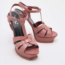 مملوكة مسبقًا Yves Saint Laurent Old Rose Lizard Embossed Leather Tribute Sandals Size 38