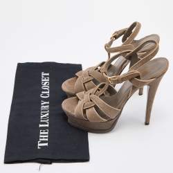 Pre Owned Yves Saint Laurent Grey Suede Tribute Platform Ankle Strap Sandals Size 37