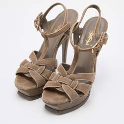 Pre Owned Yves Saint Laurent Grey Suede Tribute Platform Ankle Strap Sandals Size 37