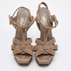 Pre Owned Yves Saint Laurent Grey Suede Tribute Platform Ankle Strap Sandals Size 37