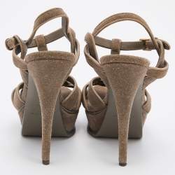 Pre Owned Yves Saint Laurent Grey Suede Tribute Platform Ankle Strap Sandals Size 37
