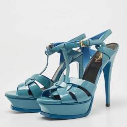 Pre Owned Yves Saint Laurent Blue Patent Leather Tribute Sandals Size 38.5