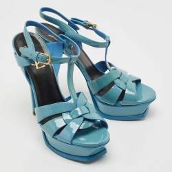Pre Owned Yves Saint Laurent Blue Patent Leather Tribute Sandals Size 38.5