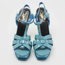 Pre Owned Yves Saint Laurent Blue Patent Leather Tribute Sandals Size 38.5