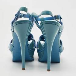 Pre Owned Yves Saint Laurent Blue Patent Leather Tribute Sandals Size 38.5