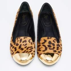 Yves Saint Laurent Brown Leopard Print Calfhair Metal Cap Toe Smoking Slipper Size 38.5