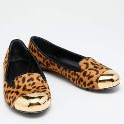 Yves Saint Laurent Brown Leopard Print Calfhair Metal Cap Toe Smoking Slipper Size 38.5