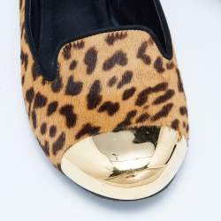 Yves Saint Laurent Brown Leopard Print Calfhair Metal Cap Toe Smoking Slipper Size 38.5