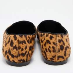 Yves Saint Laurent Brown Leopard Print Calfhair Metal Cap Toe Smoking Slipper Size 38.5