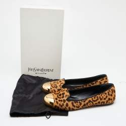 Yves Saint Laurent Brown Leopard Print Calfhair Metal Cap Toe Smoking Slipper Size 38.5