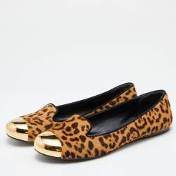 Yves Saint Laurent Brown Leopard Print Calfhair Metal Cap Toe Smoking Slipper Size 38.5