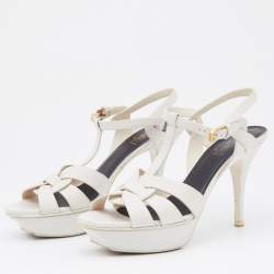 مملوكة مسبقًا Yves Saint Laurent Off White Leather Tribute Platform Sandals Size 39.5