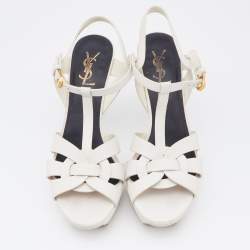مملوكة مسبقًا Yves Saint Laurent Off White Leather Tribute Platform Sandals Size 39.5
