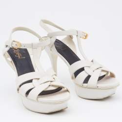 مملوكة مسبقًا Yves Saint Laurent Off White Leather Tribute Platform Sandals Size 39.5