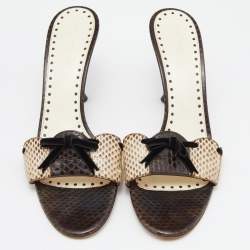 مملوكة مسبقًا Yves Saint Laurent White/Brown Watersnake Slide Sandals Size 39
