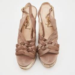 Pre Owned Yves Saint Laurent Brown Satin Wedge Sandals Size 35