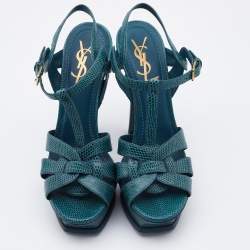 Pre Owned Yves Saint Laurent Teal Lizard Embossed Leather Tribute Sandals Size 38