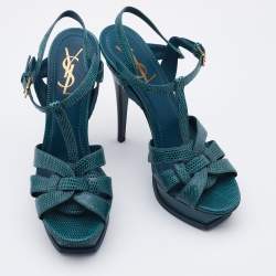 Pre Owned Yves Saint Laurent Teal Lizard Embossed Leather Tribute Sandals Size 38
