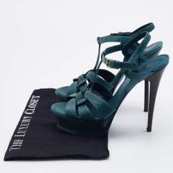 Pre Owned Yves Saint Laurent Teal Lizard Embossed Leather Tribute Sandals Size 38