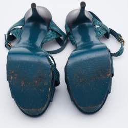 Pre Owned Yves Saint Laurent Teal Lizard Embossed Leather Tribute Sandals Size 38