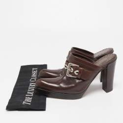 Pre Owned Yves Saint Laurent Dark Brown Leather Buckle Platform Mules Size 36