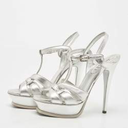Pre Owned Yves Saint Laurent Silver Leather Tribute Sandals Size 38