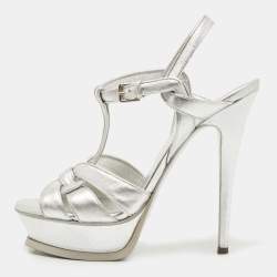 Pre Owned Yves Saint Laurent Silver Leather Tribute Sandals Size 38