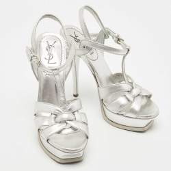 Pre Owned Yves Saint Laurent Silver Leather Tribute Sandals Size 38