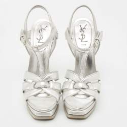Pre Owned Yves Saint Laurent Silver Leather Tribute Sandals Size 38