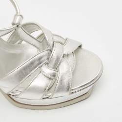 Pre Owned Yves Saint Laurent Silver Leather Tribute Sandals Size 38