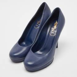 Pre Owned Yves Saint Laurent Navy Blue Leather Platform Pumps Size 37
