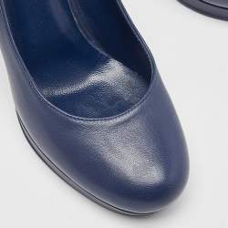 Pre Owned Yves Saint Laurent Navy Blue Leather Platform Pumps Size 37