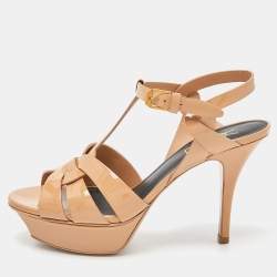 Pre Owned Yves Saint Laurent Beige Patent Leather Tribute Ankle Strap Sandals Size 36.5