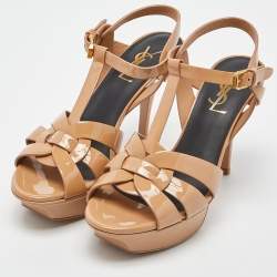 Pre Owned Yves Saint Laurent Beige Patent Leather Tribute Ankle Strap Sandals Size 36.5