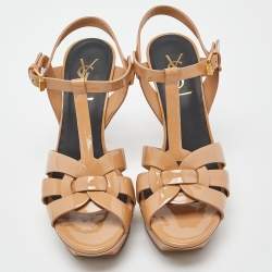 Pre Owned Yves Saint Laurent Beige Patent Leather Tribute Ankle Strap Sandals Size 36.5