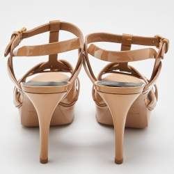 Pre Owned Yves Saint Laurent Beige Patent Leather Tribute Ankle Strap Sandals Size 36.5