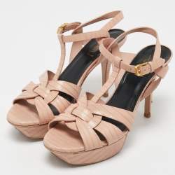 Pre Owned Yves Saint Laurent Pink Lizard Embossed Leather Tribute Ankle Strap Sandals Size 38.5