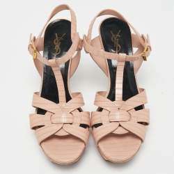 Pre Owned Yves Saint Laurent Pink Lizard Embossed Leather Tribute Ankle Strap Sandals Size 38.5