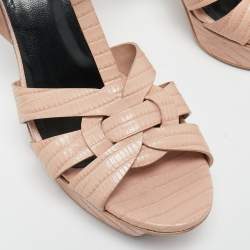 Pre Owned Yves Saint Laurent Pink Lizard Embossed Leather Tribute Ankle Strap Sandals Size 38.5