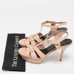 Pre Owned Yves Saint Laurent Pink Lizard Embossed Leather Tribute Ankle Strap Sandals Size 38.5