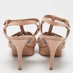Pre Owned Yves Saint Laurent Pink Lizard Embossed Leather Tribute Ankle Strap Sandals Size 38.5