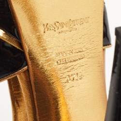 Pre Owned Yves Saint Laurent Gold/Black Patent Tribute Ankle Strap Sandals Size 37.5